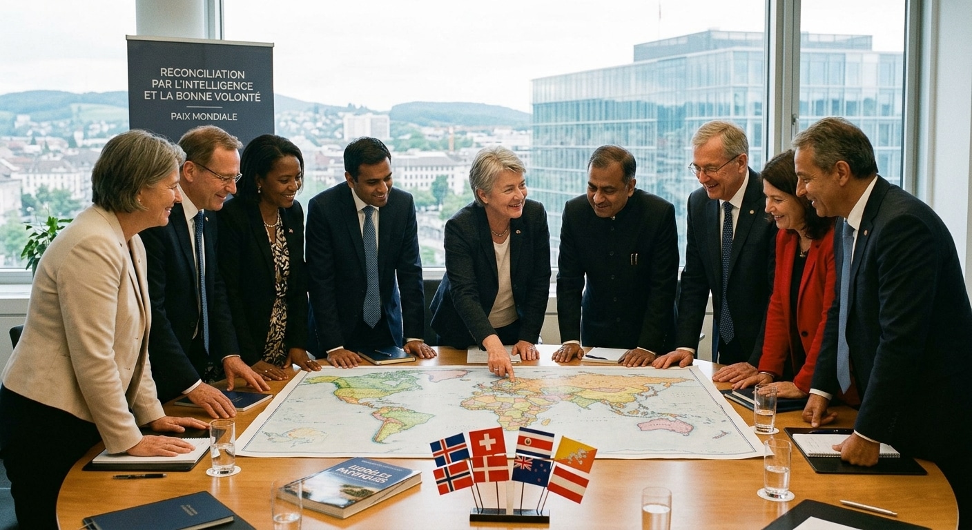 Diverses personnes réunies autour d'une table, devant une carte du monde avec une affiche "réconciliation par l'intelligence et la bonne volonté"